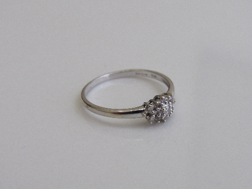 9ct white gold & diamond cluster ring, size Q, weight 1.6gms. Estimate £50-80.