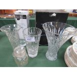 Stuart Crystal fluted vase, 3 other glass vases & Dartington crystal decanter. Estimate £50-60