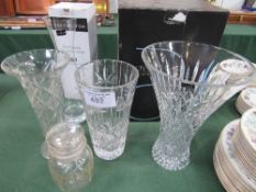 Stuart Crystal fluted vase, 3 other glass vases & Dartington crystal decanter. Estimate £50-60