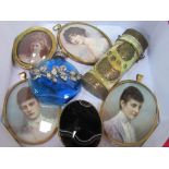 2 miniature oil portraits of young ladies plus 2 others; blue glass & silver metal deco