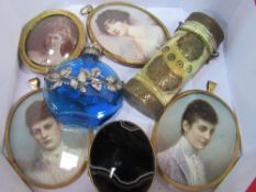 2 miniature oil portraits of young ladies plus 2 others; blue glass & silver metal deco