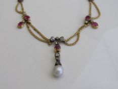 Victorian gold, pearl, ruby & diamond drop necklace, length 21cms, weight 14gms. Estimate £400-600