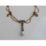 Victorian gold, pearl, ruby & diamond drop necklace, length 21cms, weight 14gms. Estimate £400-600