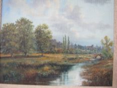 Framed oil on canvas of river scene in landscape, signed P Bradshaw