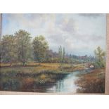 Framed oil on canvas of river scene in landscape, signed P Bradshaw