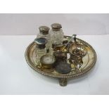 Silver plated salver, 2 silver top glass ink pots, pocket barometer, 2 salt pots, napkin ring, stand