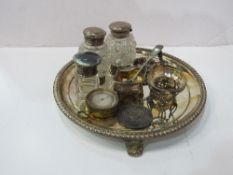 Silver plated salver, 2 silver top glass ink pots, pocket barometer, 2 salt pots, napkin ring, stand