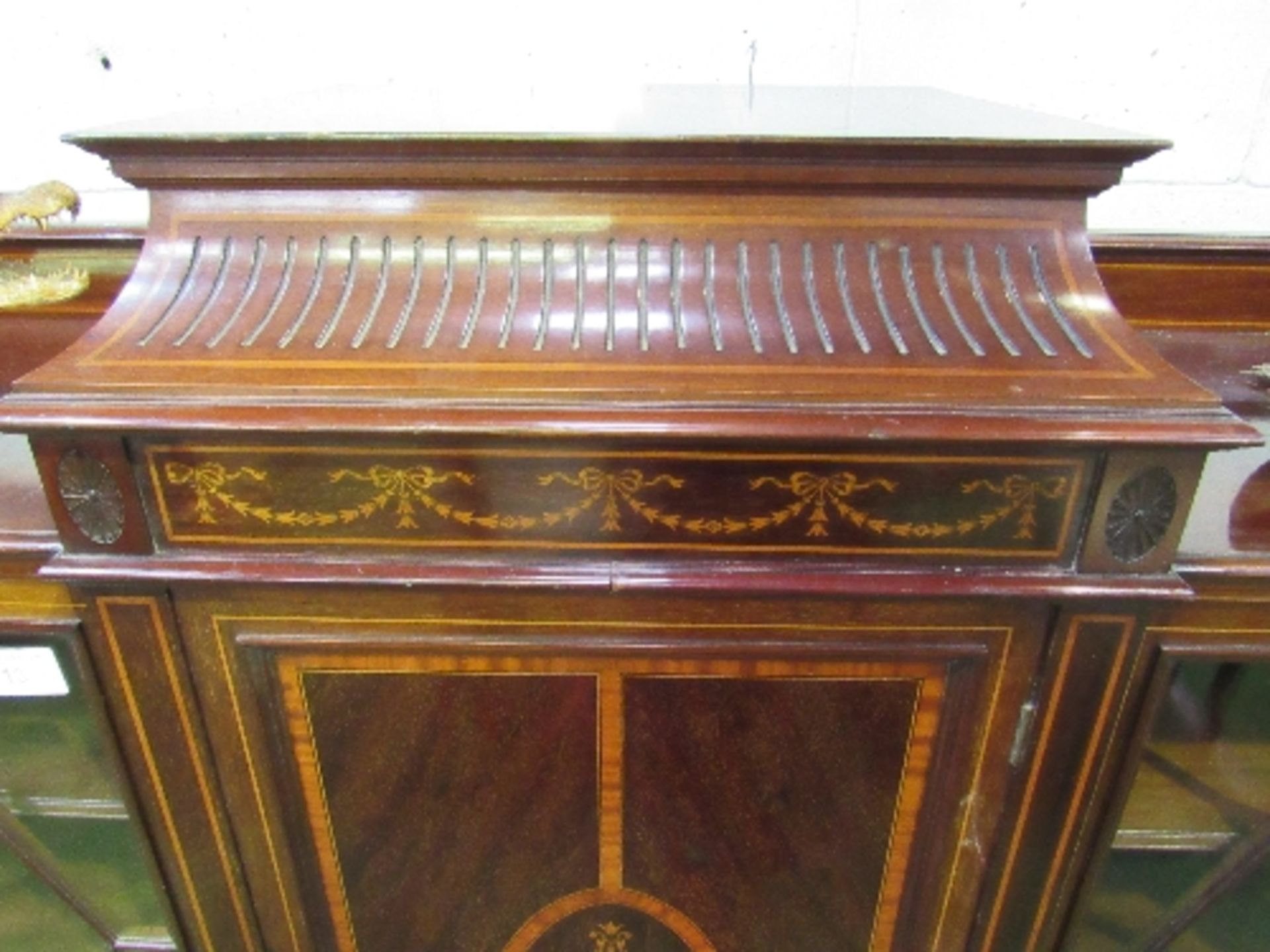 Large Edwardian inlaid mahogany break-front display cabinet, 230cms x 50cms x 146cms. Estimate £ - Image 4 of 5