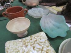 Art pottery dish, pottery bowl, green Wedgwood-style jasper stilton dish & 2 glass wall light