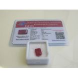 Natural emerald cut loose ruby, weight 6.50 carat, with certificate. Estimate £50-70.