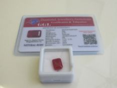 Natural emerald cut loose ruby, weight 6.50 carat, with certificate. Estimate £50-70.