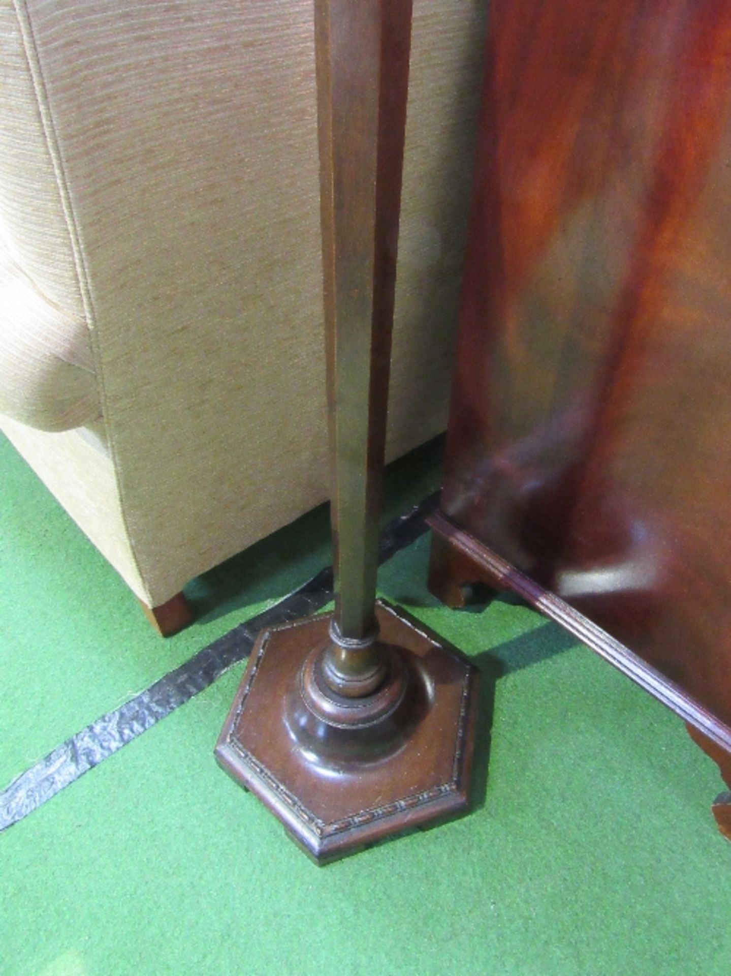 Mahogany hexagonal tapered lamp standard c/w shade together with an oak lamp standard. Estimate £ - Image 2 of 4