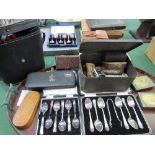 8 boxes of various cutlery, a qty of small collectable tins, Zenith field glasses, a wooden box of