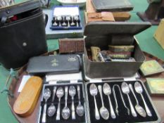 8 boxes of various cutlery, a qty of small collectable tins, Zenith field glasses, a wooden box of