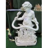 Cast iron white painted umbrella stand in the form of a man fighting a serpent, together with a