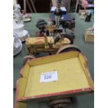 4 cast iron novelty money boxes, wooden model tractor & a farm cart. Estimate £30-50