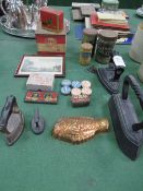4 various flat irons, qty of vintage tins & other collectables. Estimate £20-30