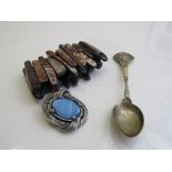 Scottish brooch, ivory figure, George V silver jubilee spoon & an Abalowne bracelet. Estimate £20-
