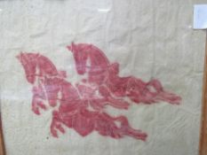 Framed & glazed picture of red stencilled Persian horses on paper. Estimate £20-30