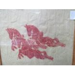 Framed & glazed picture of red stencilled Persian horses on paper. Estimate £20-30