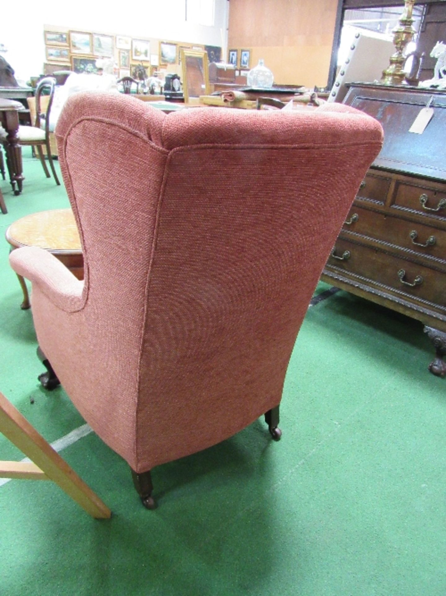 Red upholstered wing back chair on ball & claw feet to front. Estimate £30-50 - Image 3 of 3