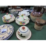 Salt-glazed lidded jug, salt-glazed tankard with silver rim, Doulton biscuit barrel & other china