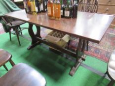 Oak lyre end table with centre stretcher, 151cms x 76cms x 73cms. Estimate £30-50