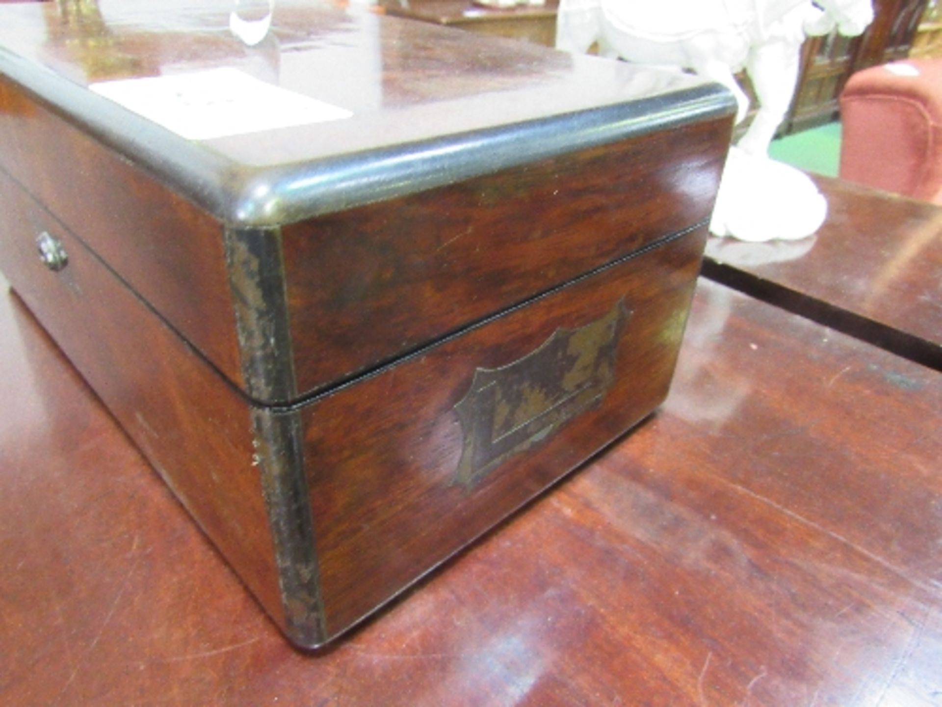 Rosewood brass mounted jewellery box with rouched velvet interior, 30cms x 17cms x 13cms. - Image 7 of 7