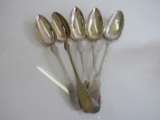 5 silver serving spoons, 3 marked Aron 12, 1 marked 750 & 1 marked Dessen 12.