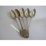 5 silver serving spoons, 3 marked Aron 12, 1 marked 750 & 1 marked Dessen 12.