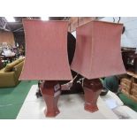 Pair of brown ceramic table lamps with shades, height 43cms. Estimate £30-50