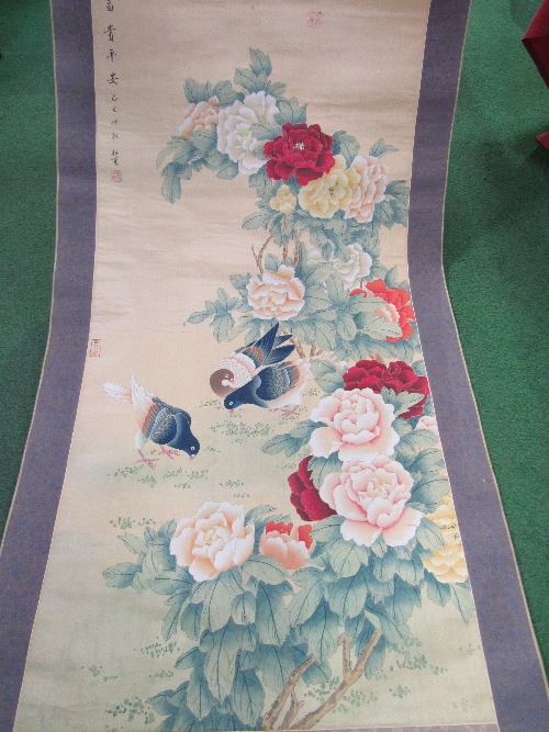 Chinese watercolour scroll of doves/pigeons feeding under blossom. Estimate £50-70