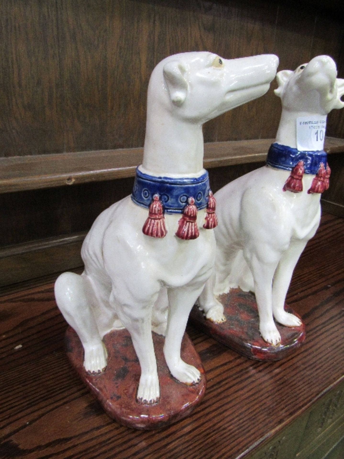 Pair of Majolica greyhound figures painted white with blue collars, height 36cms. Estimate £50-80 - Image 2 of 5