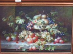 Framed reproduction on board of still life fruit & vine leaves. Estimate £20-30.