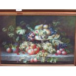 Framed reproduction on board of still life fruit & vine leaves. Estimate £20-30.