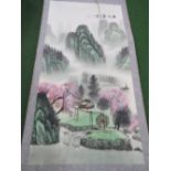 Chinese watercolour scroll of mountains & waterfalls leading to a mill & sailing boats.