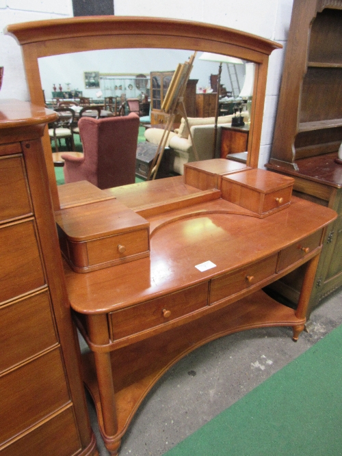 Cherry wood bow front dressing table with 3 frieze drawers, under shelf & mirror by Willis &