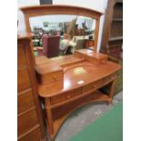 Cherry wood bow front dressing table with 3 frieze drawers, under shelf & mirror by Willis &