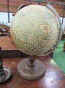 Pair of oak turned candlesticks & terrestrial globe. Estimate £30-40