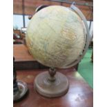 Pair of oak turned candlesticks & terrestrial globe. Estimate £30-40