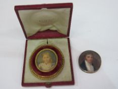 Miniature glazed oil on ivorine of a young man in period dress, a/f, & a miniature of a