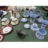 10 pieces of Wedgwood jasper, blue; 2 Limoges cups & saucers; 2 other items & 2 other cups & saucers