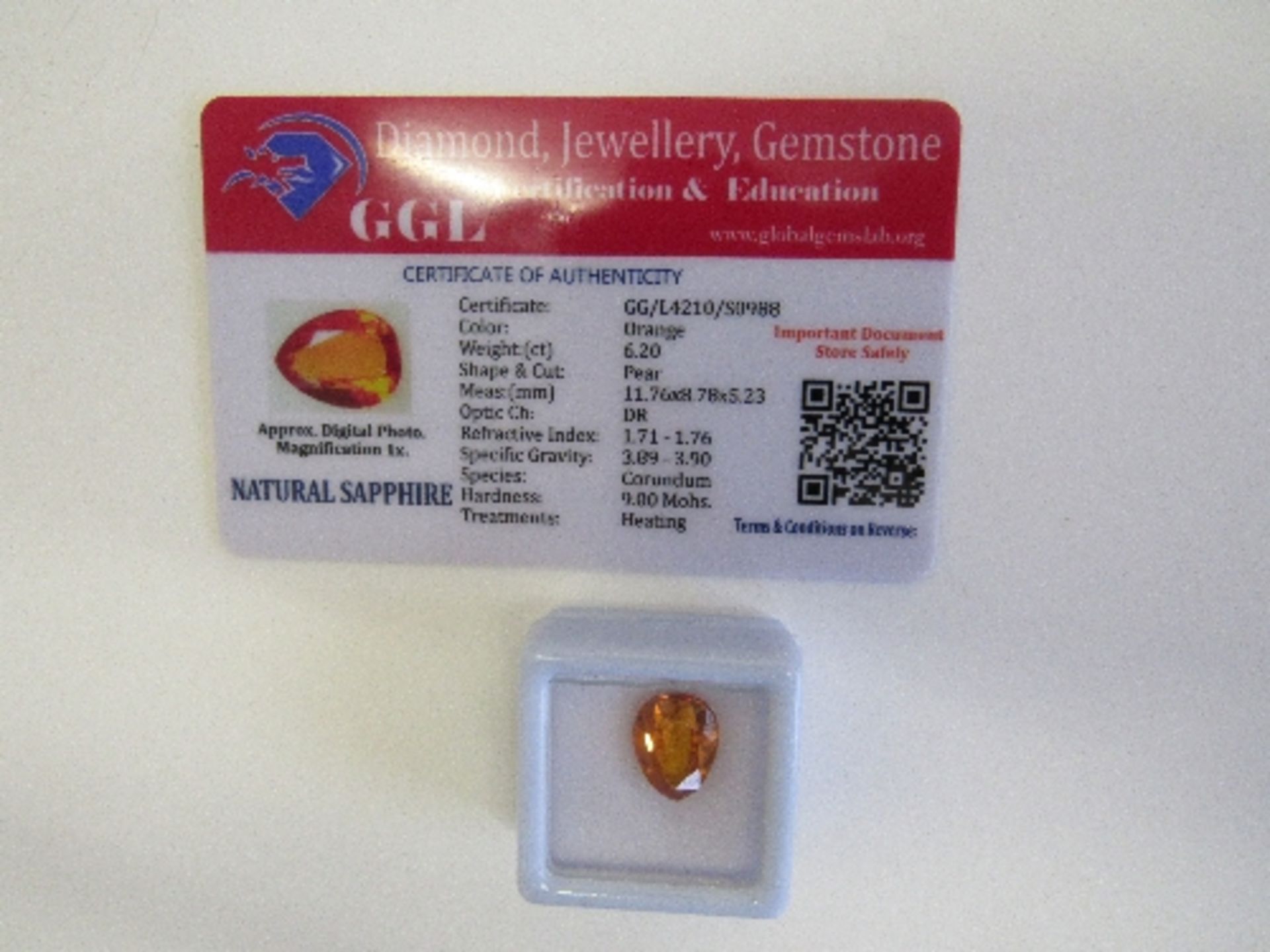 Natural pear cut loose sapphire, weight 6.20 carat, with certificate. Estimate £50-70. - Image 2 of 2