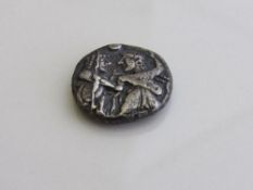Ancient Lete or Siris Stater coin, circa 520-485BC, nude ithyphallic satyr grasping arm of nymph.