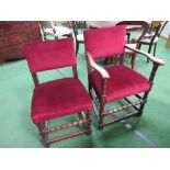 4+2 oak framed red upholstered chairs with bobbin turned stretcher to fronts. Estimate £40-60