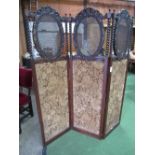 Victorian mahogany 3-fold tapestry screen with cane work to top, panel 52cms x 181cms. Estimate £