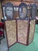 Victorian mahogany 3-fold tapestry screen with cane work to top, panel 52cms x 181cms. Estimate £