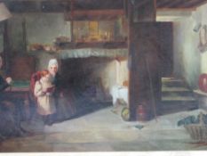 Framed oil on card of an 18th century cottage interior with figures. Estimate £50-80