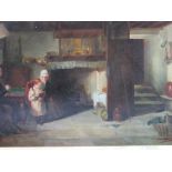 Framed oil on card of an 18th century cottage interior with figures. Estimate £50-80