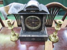 Slate & marble mantel clock together with a pair of Victorian brass candlesticks. Estimate £20-40